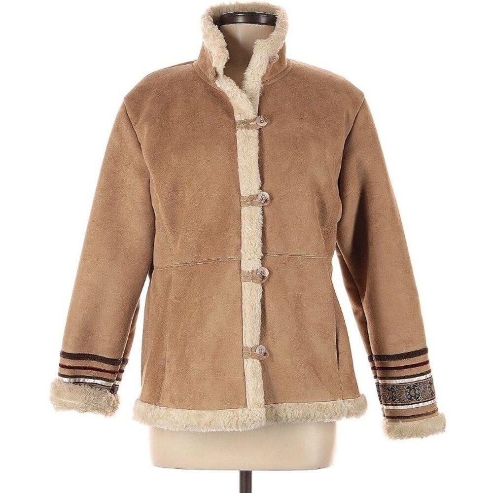 Coldwater Creek Ladies Cafe Y2K Faux Suede, Sherpa Coat with Embroidery Sz. PSM